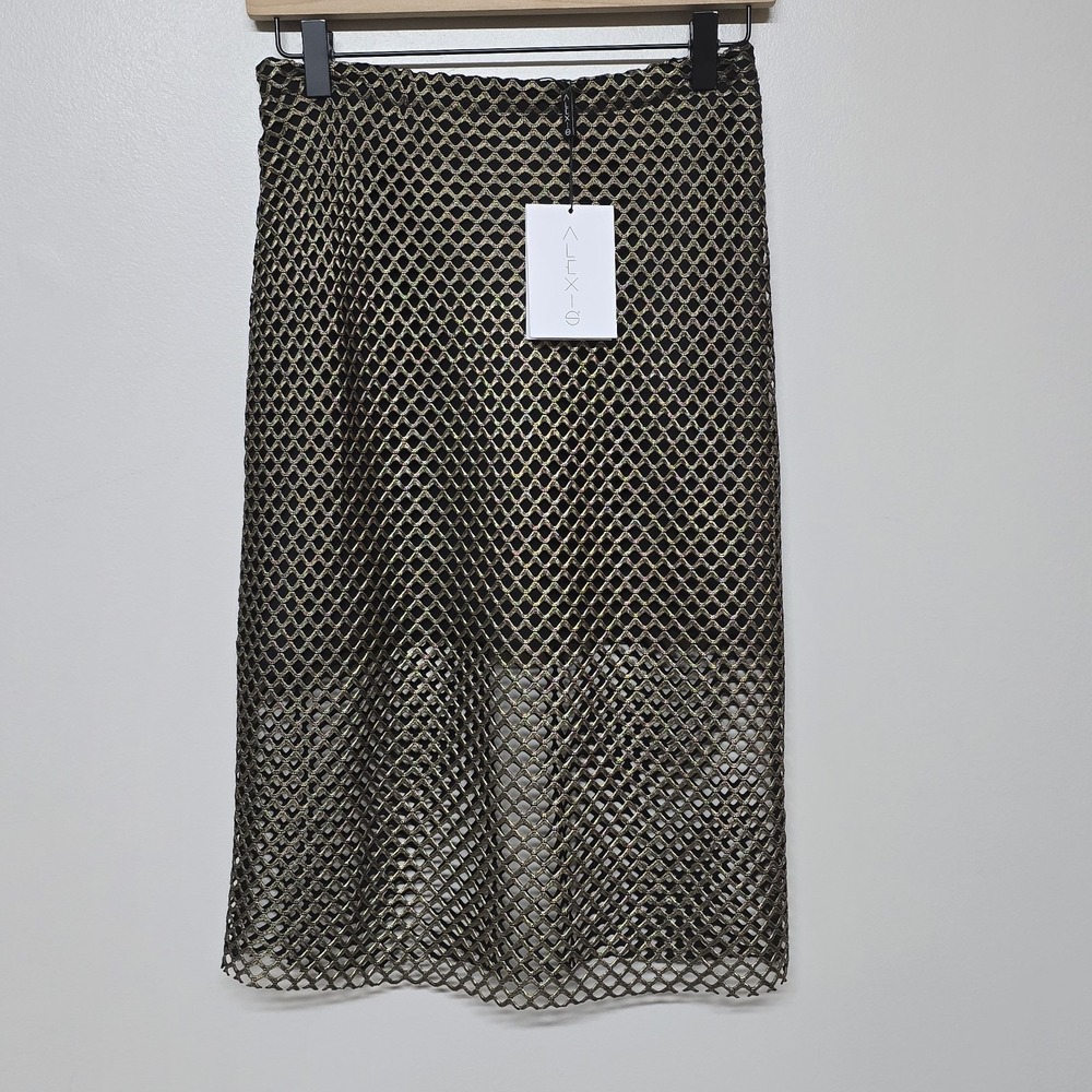 Alexis Larissa Lace Pencil Skirt Gold Metallic Mesh Black Lined Size Small NWT